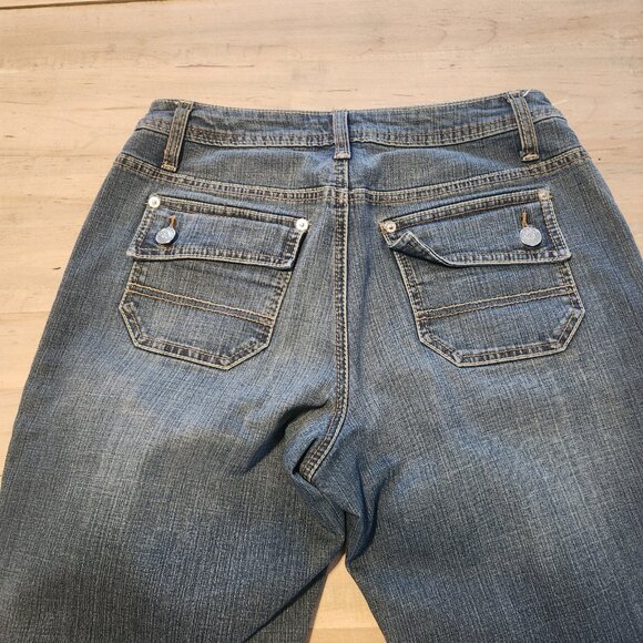 Gitano Flared Jeans Boho Blue Denim Flap Button Pockets Unique Womens 10 EUC - Picture 6 of 12